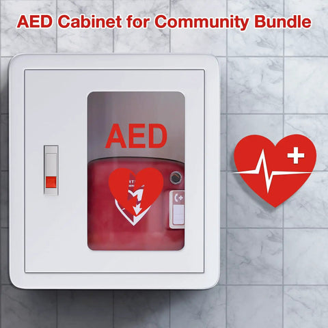 Rock Solid Steel Wall Mount AED Cabinet With No Fuss Snap Lock Door And Clear Acrylic Panel For Quick Grab Emergency Access Compatible With All Major Defib Brands Built To Handle Any Public Spot, mounted on wall.