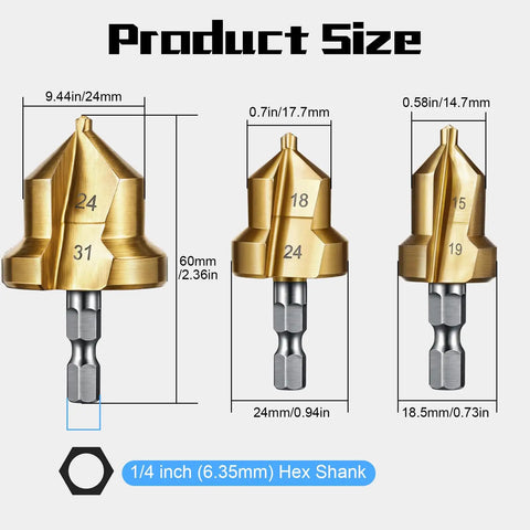Integrated Internal And External Pipe Threading And Reaming Tool Kit For PVC Pipes in three sizes with hex shank