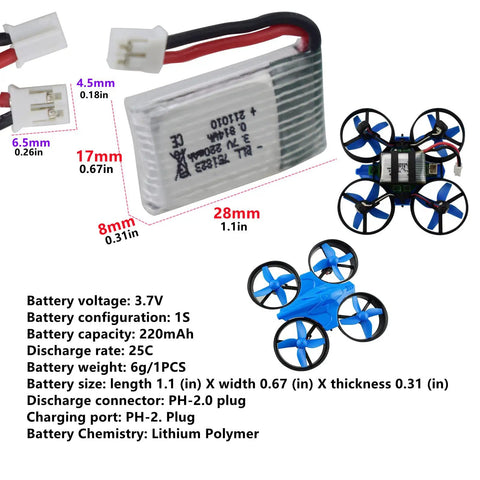 Image of Six Pack 3.7V 220mAh Drone Batteries And Six In One Balance Charger For E010 E010C E011 E011C E013 GoolRC T36 NH010 F36 H36 HS210 SANROCK GD65A ATOYX AT66 Four Axis RC Drones showing battery dimensions and drone compatibility.