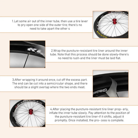 Guide on installing Two Pack Bicycle Tire Liners That Fight Punctures, 0.5mm Thick Inner Tube Protectors, step-by-step instructions.