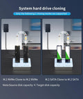 Skip The Hassle With This Knockout M2 NVMe SATA SSD Cloner Double Bay Duplicator Enclosure Tool Free Offline Copy Station USB Adapter PCIE NGFF Storage Units showing two M.2 drives cloning on a desktop.