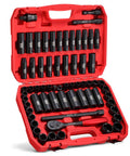 Open red case displaying 65-piece 1/2 Inch Master Drive Impact Socket Set, 6-Point SAE and Metric Sockets in CR-V Steel with ratchet handle.