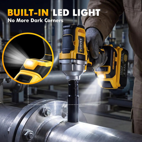 High Torque 1/2 Cordless Impact Wrench Replacing Dewalt Dcf894b with built-in LED light in use on metal pipe.