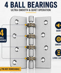 Detailed view of 4x4 Inch Door Hinges With Ball Bearing, Built To Last, Stainless Steel, Brushed Nickel Finish, 4 ball bearings