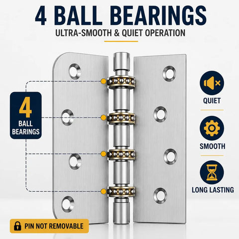 Detailed view of 4x4 Inch Door Hinges With Ball Bearing, Built To Last, Stainless Steel, Brushed Nickel Finish, 4 ball bearings