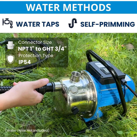 Smooth Operator 1.6Hp Shallow Well Jet Pump Featuring Rugged Stainless Steel Build For Effortless Garden Irrigation Lawn Care And Quick Property Draining Moves Up To 1600, close-up of connector and pump.
