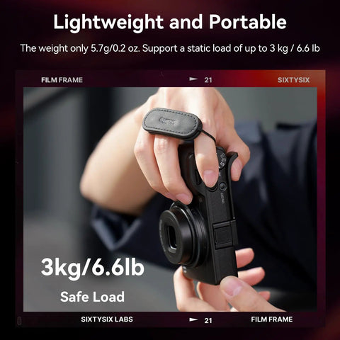 Camera Finger Strap with Dual Finger Grip for Ricoh GR Series Cameras reduces hand strain during all day shoots in use.