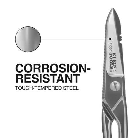 Electrician Scissors With Stripping Notches Nickel Plated 5.25 Inch Snips For Datacom Telecom Electrical And Heavy Duty Use Made In USA Built Tough For Pro Grade Worksite Reliability showing corrosion-resistant feature