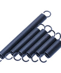 10 Pack High Grade 0.8mm Stainless Steel Tension Springs With Open Hook Extensions For Heavy Duty Repairs And DIY Crafts Super Rust Proof arranged in a row.