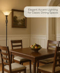 Bronze Floor Lamp With Glass Alabaster Swirl Amber Shade in elegant dining room setup