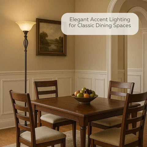 Bronze Floor Lamp With Glass Alabaster Swirl Amber Shade in elegant dining room setup