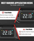 Digital Torque Wrench One Quarter Inch Precision Tool For Bikes And Small Engines Dialed In With Accurate Plus Minus Two Percent Torque From 1.11 To 22.13 Ft-Lb And 1.5 To 30 Nm, Ideal For Bike Builds Motorcycle Parts And DIY Garage Projects. digital display showing track and peak modes