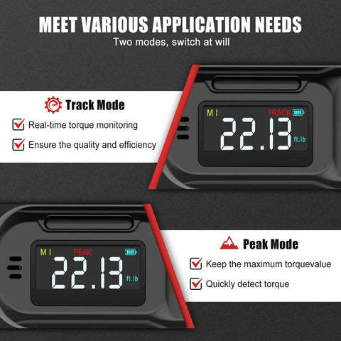 Digital Torque Wrench One Quarter Inch Precision Tool For Bikes And Small Engines Dialed In With Accurate Plus Minus Two Percent Torque From 1.11 To 22.13 Ft-Lb And 1.5 To 30 Nm, Ideal For Bike Builds Motorcycle Parts And DIY Garage Projects. digital display showing track and peak modes