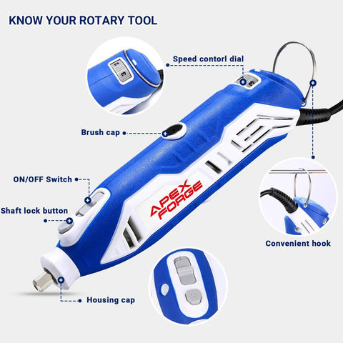 Close-up of Versatile Variable Speed Rotary Tool Kit with keyless chuck, showing speed control, ON/OFF switch, and design features.