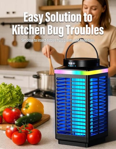 Outdoor Cordless Mosquito Zapper With 4200V Electric Grid next to vegetables on a kitchen counter