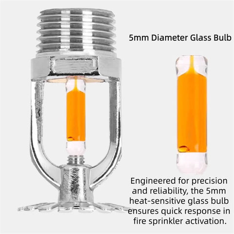 Close-up of 5mm glass bulb in sidewall fire sprinkler head, chrome-plated body, part of 6 Pack Sidewall Fire Sprinkler Heads 135 F 57 C Chrome Plated Copper Alloy Body Heavy Duty Glass Bulb R1/2 DN15 Thread Rock Solid Build Durable Fire Protection For Home Use.