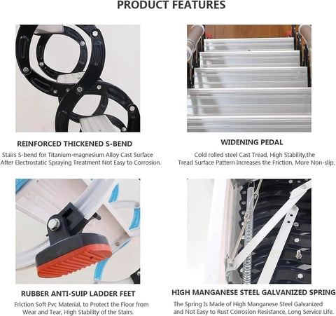 Features of No Sweat Automatic Attic Pull Down Ladder with heavy duty materials and design, highlighting safety and stability.