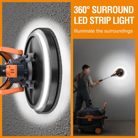Electric Drywall Sander With Vacuum Dust Collection, 360° LED light, person using sander on wall, telescopic handle