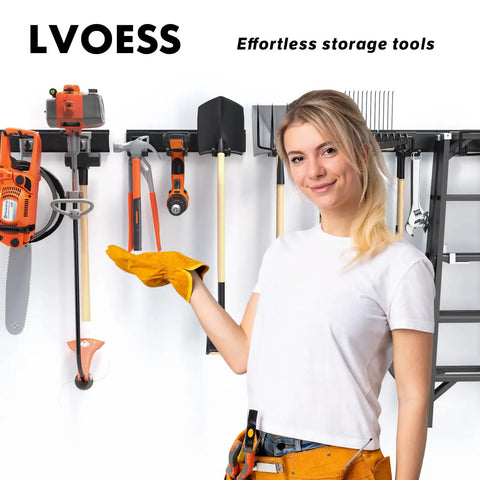 Person standing in front of 64 Inch Garage Tool Organizer Wall Mount Heavy Duty Storage Rack With 620 Lbs Capacity, Adjustable Hooks Garden Tool Organization System.