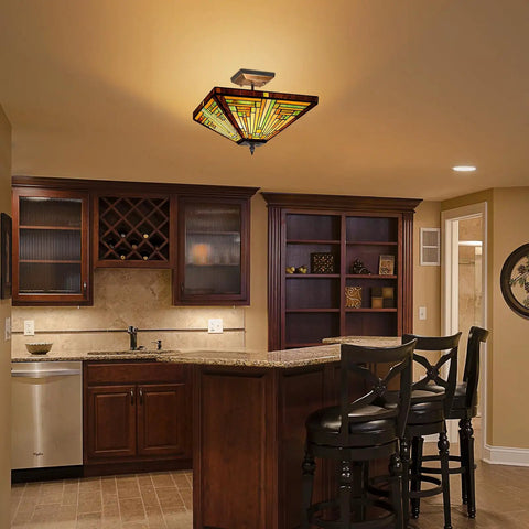 Tiffany Style Stained Glass Ceiling Lamp 2 Light 14 Inch Wide Amber Brown Semi Flush Mount for Kitchen, warm glow