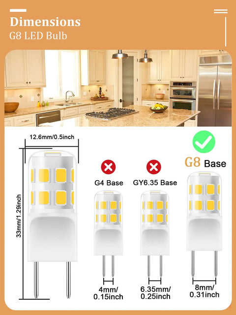 G8 Led Bulb Dimmable 3W T4 Led Bulb with size comparison to other bases in a kitchen setting, emphasizing under cabinet lighting.