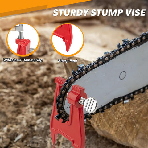 Pro Grade All In One Chainsaw Chain Sharpener Kit showing sturdy stump vise for quick sharpening of dull blades.