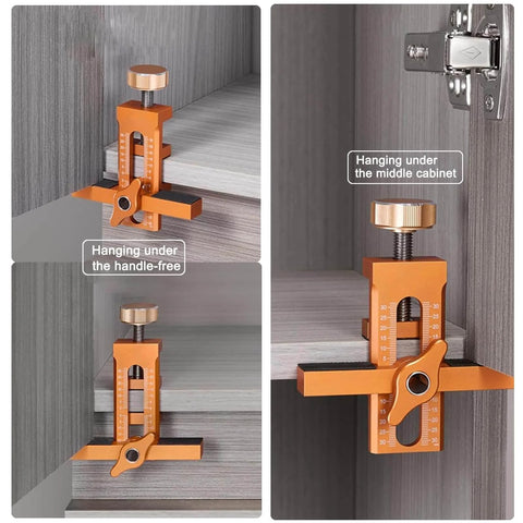 2 In 1 Cabinet Door Installation Jig With Adjustable Positioner, Pro Grade Aluminum Alloy Mounting Tool For Most Cabinet Doors, Precise Dual 0 To 30 Unit Scales On Both Sides, Includes 3 Drill Bits, Orange, used on a cabinet.