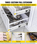 Open kitchen cabinet showing heavy duty 30 inch drawer slides with locking mechanism, 3 fold full extension, ideal for tool chests