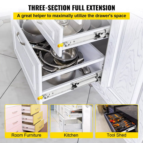 Open kitchen cabinet showing heavy duty 30 inch drawer slides with locking mechanism, 3 fold full extension, ideal for tool chests
