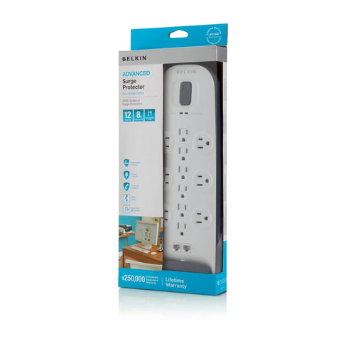 12 Outlet Surge Protector Power Strip With 8 Foot Extension Cord, 3996 Joules Shield, Ethernet And Cable Protection in packaging