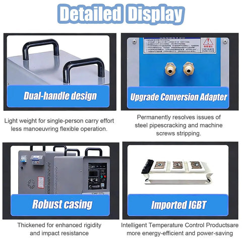 Grind Ready Small Induction Heater With Built In Water Temperature Protection For Industrial Heat Treatment Welding Quenching Brazing Top Shelf Workshop Rig detailed display featuring dual handles and upgraded conversion adapter.