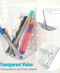 Clear Pegboard Cup Set 6 Pack With Hooks For Garage Workshop Craft Room Office And Home Organization Square Cup Holders That Fit One Eighth Inch Pegboard Super Handy Easy To See Contents showing clear cup on pegboard with markers inside.