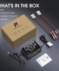 Heavy Hitter 12V 20A LiFePO4 Battery Charger with connections, wires, and manual arranged in packaging setup.