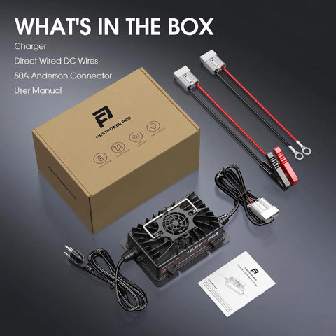 Heavy Hitter 12V 20A LiFePO4 Battery Charger with connections, wires, and manual arranged in packaging setup.