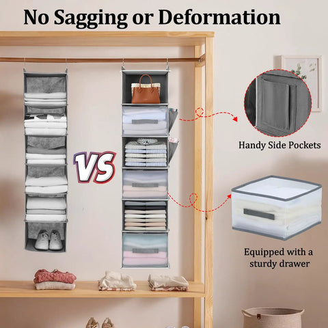Two gray six-shelf hanging closet organizers with three drawers and side pockets, ideal for maximizing closet capacity.