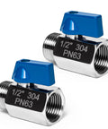 Two Pack One Half Inch Mini Ball Valve Set In 304 Stainless Steel With NPT Female To Male Thread Shutoff Valves For Tight Quarters And Small DIY Plumbing Projects
