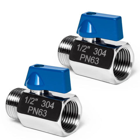 Two Pack One Half Inch Mini Ball Valve Set In 304 Stainless Steel With NPT Female To Male Thread Shutoff Valves For Tight Quarters And Small DIY Plumbing Projects