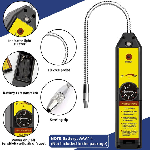 Front view of BACOENG 4.5CFM AC vacuum pump and gauge kit; yellow/black handheld unit with flexible braided probe and buzzer indicator.