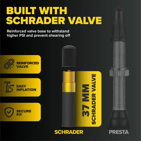 Image highlighting features of a 37mm Schrader valve for 26 inch bike inner tubes with easy inflation and secure fit.