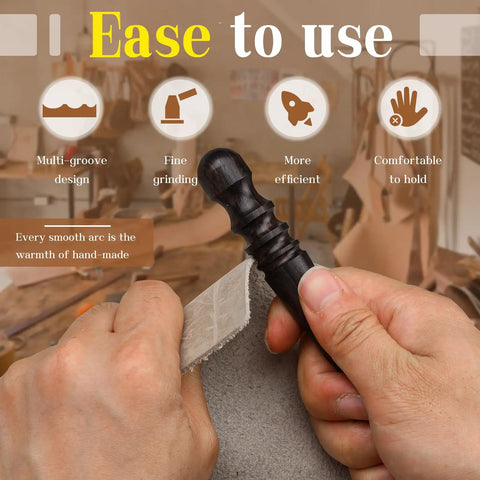Hands using the Premium Ebony Wood Leather Edge Burnisher And Manual Polishing Tool For Slick Finishes with comfortable grip.
