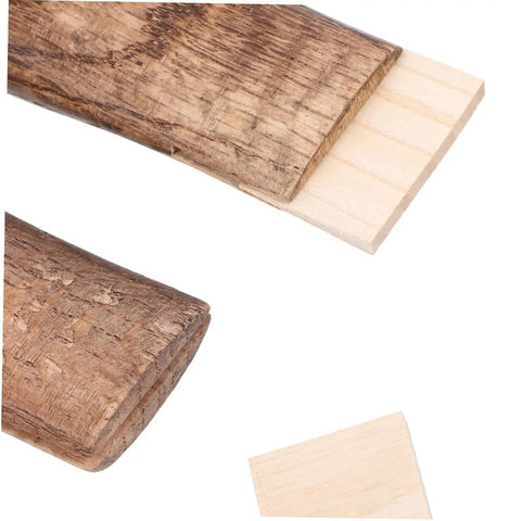 Close-up of Ergonomic Short Axe Handle Made From Solid Wood Replacement For Hatchet And Hammer, showing curved design and wood grain