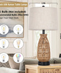 Set Of 2 Rattan Table Lamps With USB Ports, Coastal Woven Bedside Lamps 26 Inch Tall with Cream Shade on a Nightstand