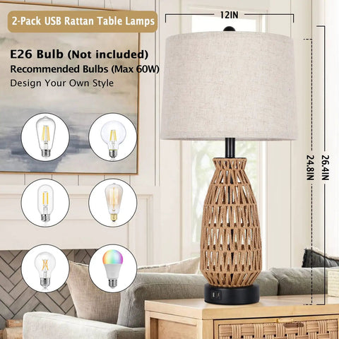 Set Of 2 Rattan Table Lamps With USB Ports, Coastal Woven Bedside Lamps 26 Inch Tall with Cream Shade on a Nightstand