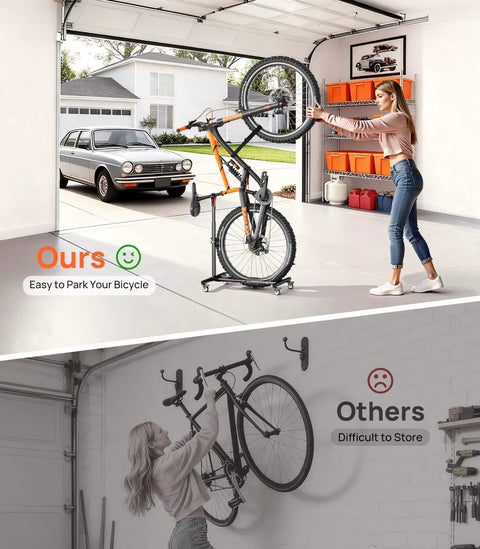 Freestanding Bike Stand With 360 Degree Lockable Wheels, Adjustable Height for easy parking in a garage, no drilling needed.
