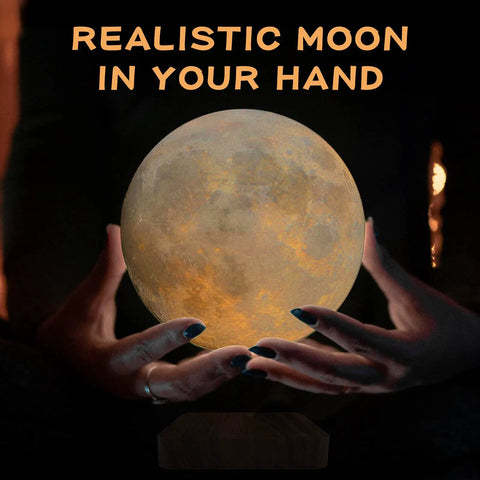 Levitating Moon Lamp With Magnetic Floating Spin, realistic hand-held view, glowing 3 color modes, ambient night light