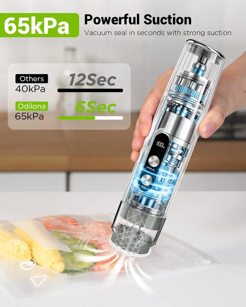 Cordless Handheld Food Vacuum Sealer With 30 Reusable Bags demonstrating powerful 65kPa suction for fast 5 second seal