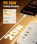 25Ft Heavy Duty Extension Cord With Flat Plug Surge Protector Featuring Six Power Outlets Dual Usb C And Dual Usb A Ports Delivering Pd20W Fast Charge charging a phone.