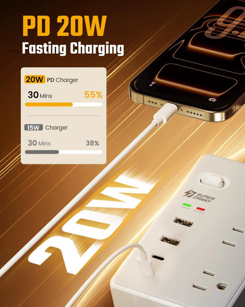 25Ft Heavy Duty Extension Cord With Flat Plug Surge Protector Featuring Six Power Outlets Dual Usb C And Dual Usb A Ports Delivering Pd20W Fast Charge charging a phone.