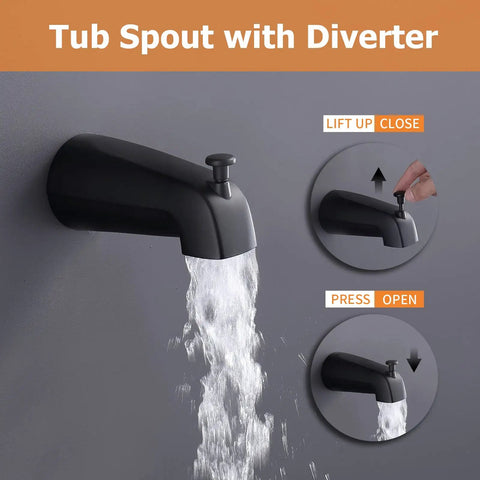 Matte Black Tub Spout with Diverter from Tub And Shower Faucet Set With Valve Included, Single Handle Trim Kit, 8 Inch Rain Shower Head And Tub Spout, Matte Black Bathroom Fixture With Pressure Balance Valve, Easy Install, Modern One Handle Shower Plumbing Set