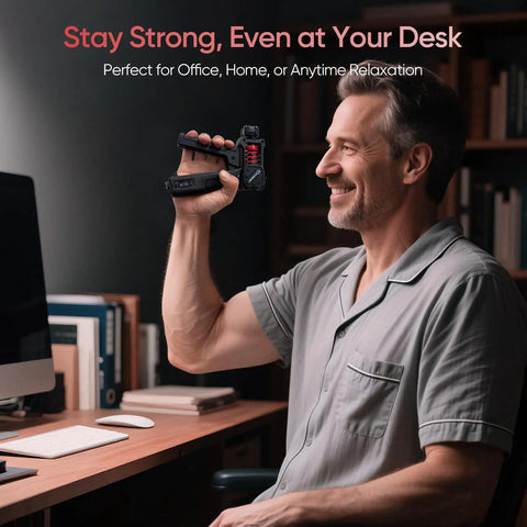 Man using Grip Strength Trainer With Built-In Counter And Oversized Ergonomic Handle, Adjustable 30-130 Lb Hand Gripper at desk